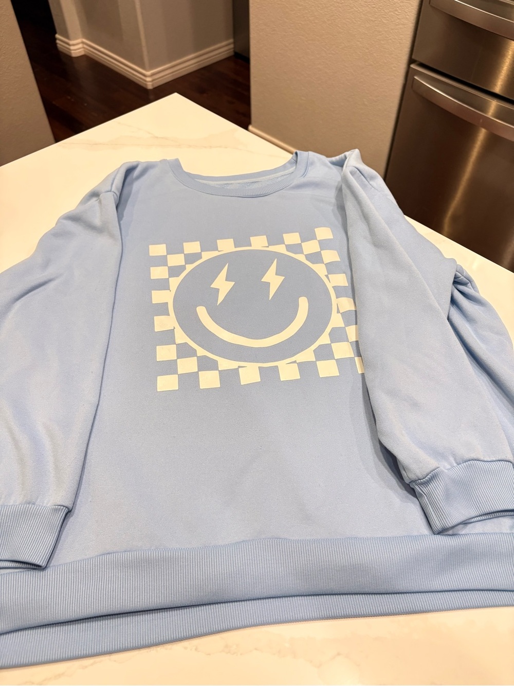 Y2K Oversized Light Blue Graphic Smiley Sweatshirt XXL